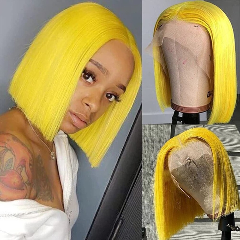 Human Hair Bob Wig Pre Plucked Lace Front Brazlian Virgin Hair Yellow 14" Short